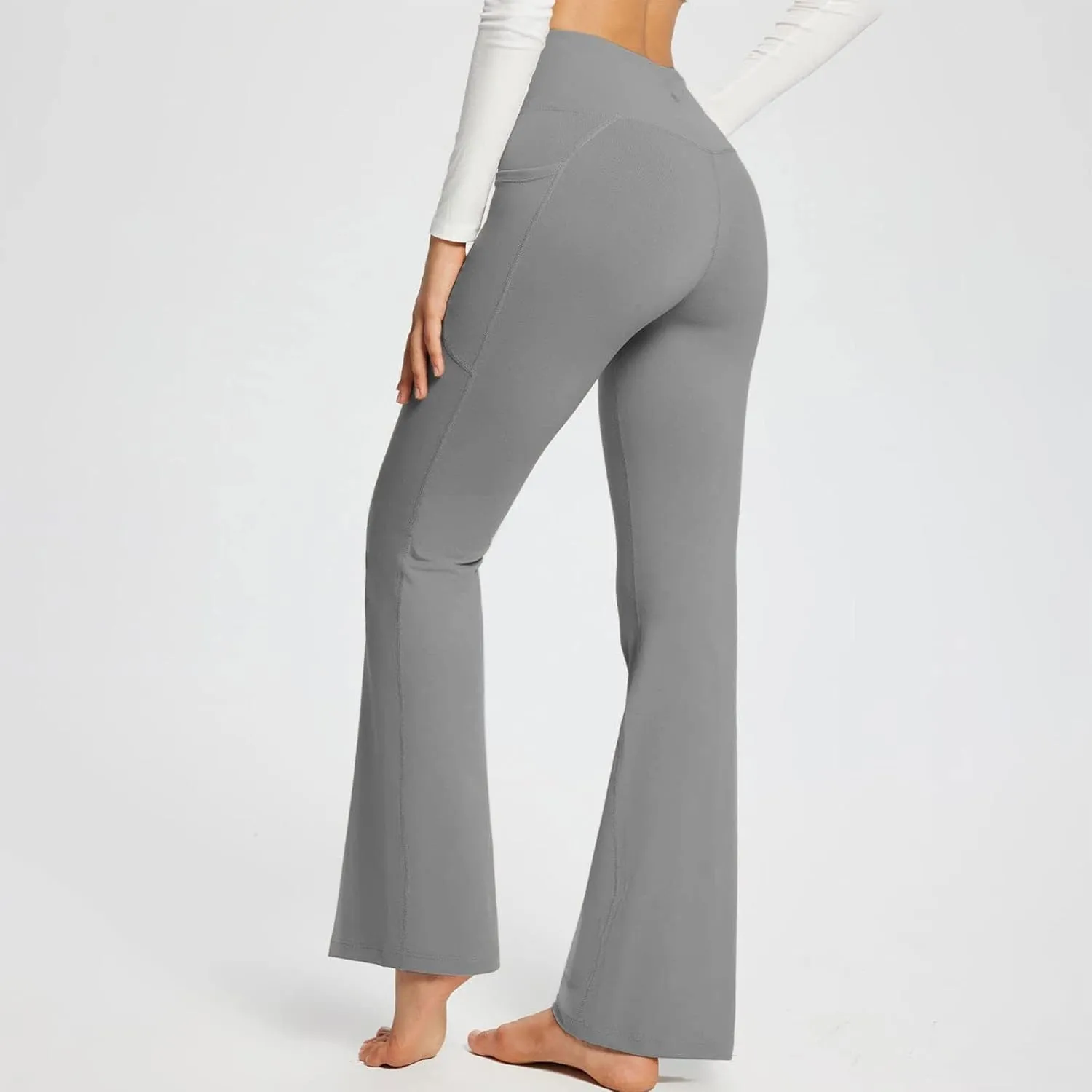 Cross Waist Yoga Pants with Pockets for Women V Crossover High Waisted Flare Leggings Bootcut Trousers Workout Pants