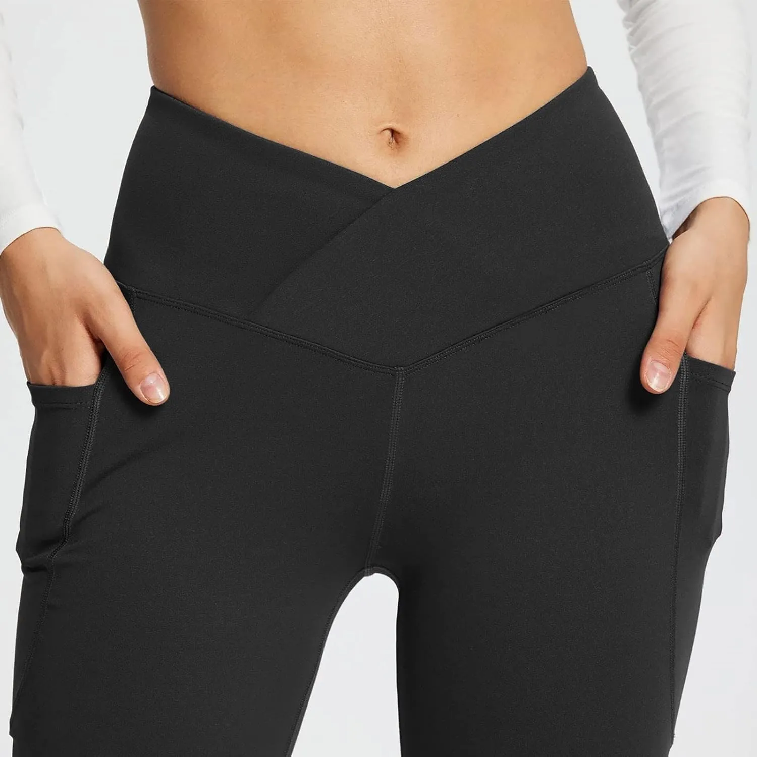 Cross Waist Yoga Pants with Pockets for Women V Crossover High Waisted Flare Leggings Bootcut Trousers Workout Pants