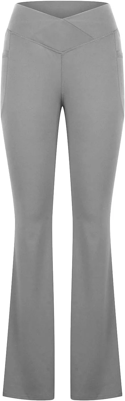 Cross Waist Yoga Pants with Pockets for Women V Crossover High Waisted Flare Leggings Bootcut Trousers Workout Pants