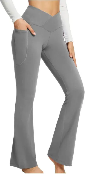 Cross Waist Yoga Pants with Pockets for Women V Crossover High Waisted Flare Leggings Bootcut Trousers Workout Pants