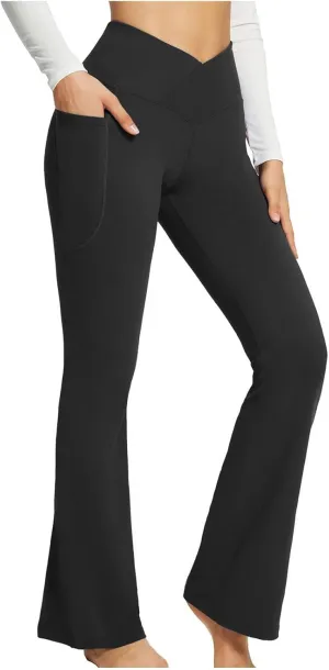 Cross Waist Yoga Pants with Pockets for Women V Crossover High Waisted Flare Leggings Bootcut Trousers Workout Pants