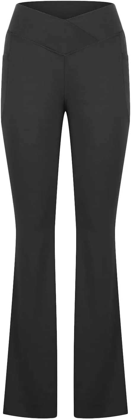 Cross Waist Yoga Pants with Pockets for Women V Crossover High Waisted Flare Leggings Bootcut Trousers Workout Pants