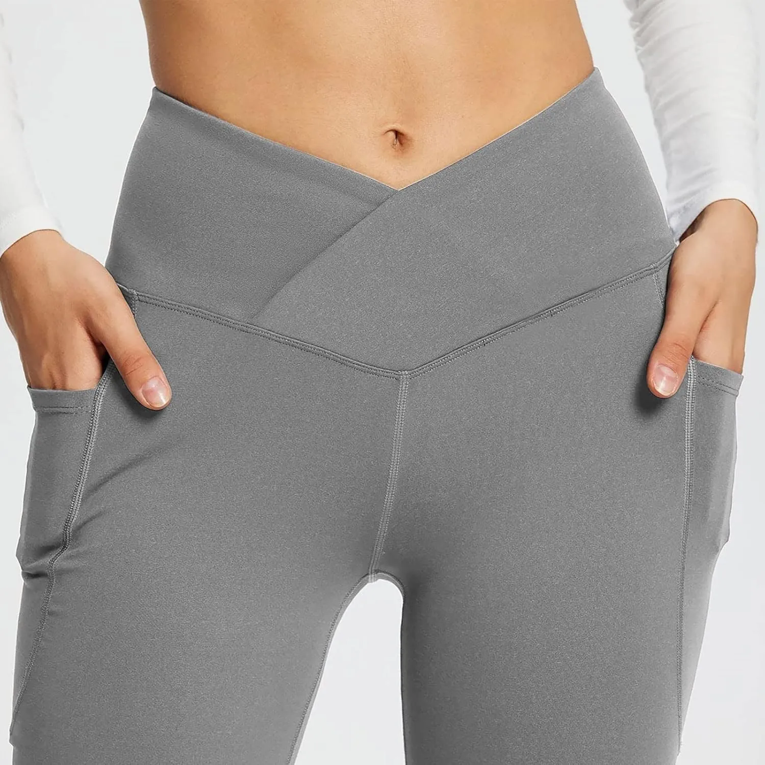 Cross Waist Yoga Pants with Pockets for Women V Crossover High Waisted Flare Leggings Bootcut Trousers Workout Pants