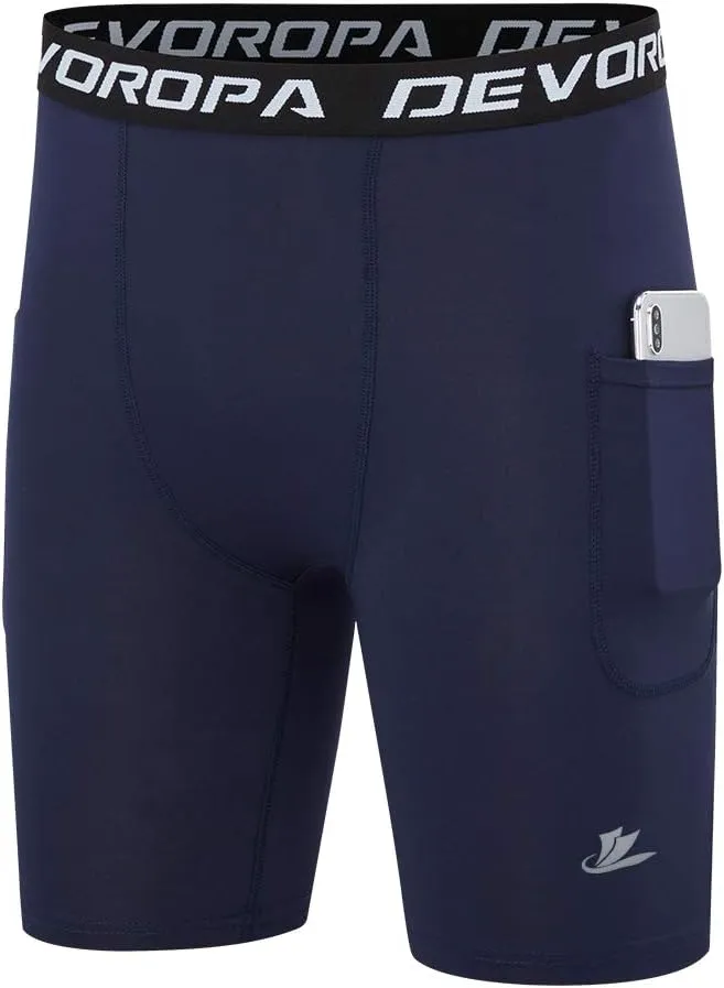 DEVOROPA Youth Boys' Compression Shorts Performance Athletic Base Layers Workout Training Underwear Side Pocket (Pack of 2)