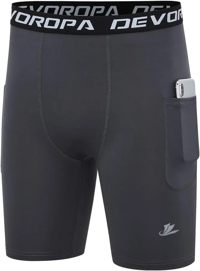 DEVOROPA Youth Boys' Compression Shorts Performance Athletic Base Layers Workout Training Underwear Side Pocket (Pack of 2)