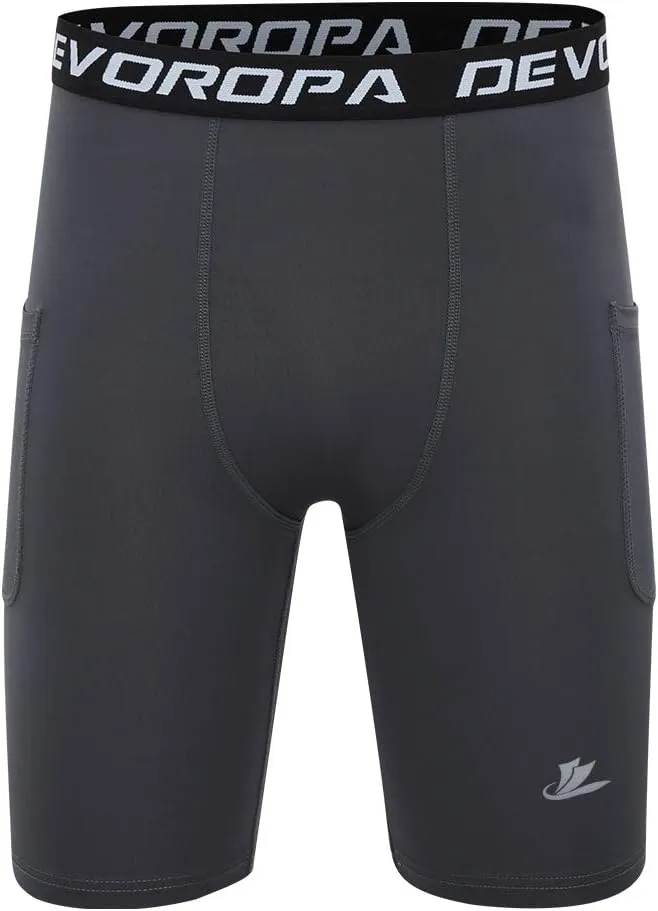 DEVOROPA Youth Boys' Compression Shorts Performance Athletic Base Layers Workout Training Underwear Side Pocket (Pack of 2)