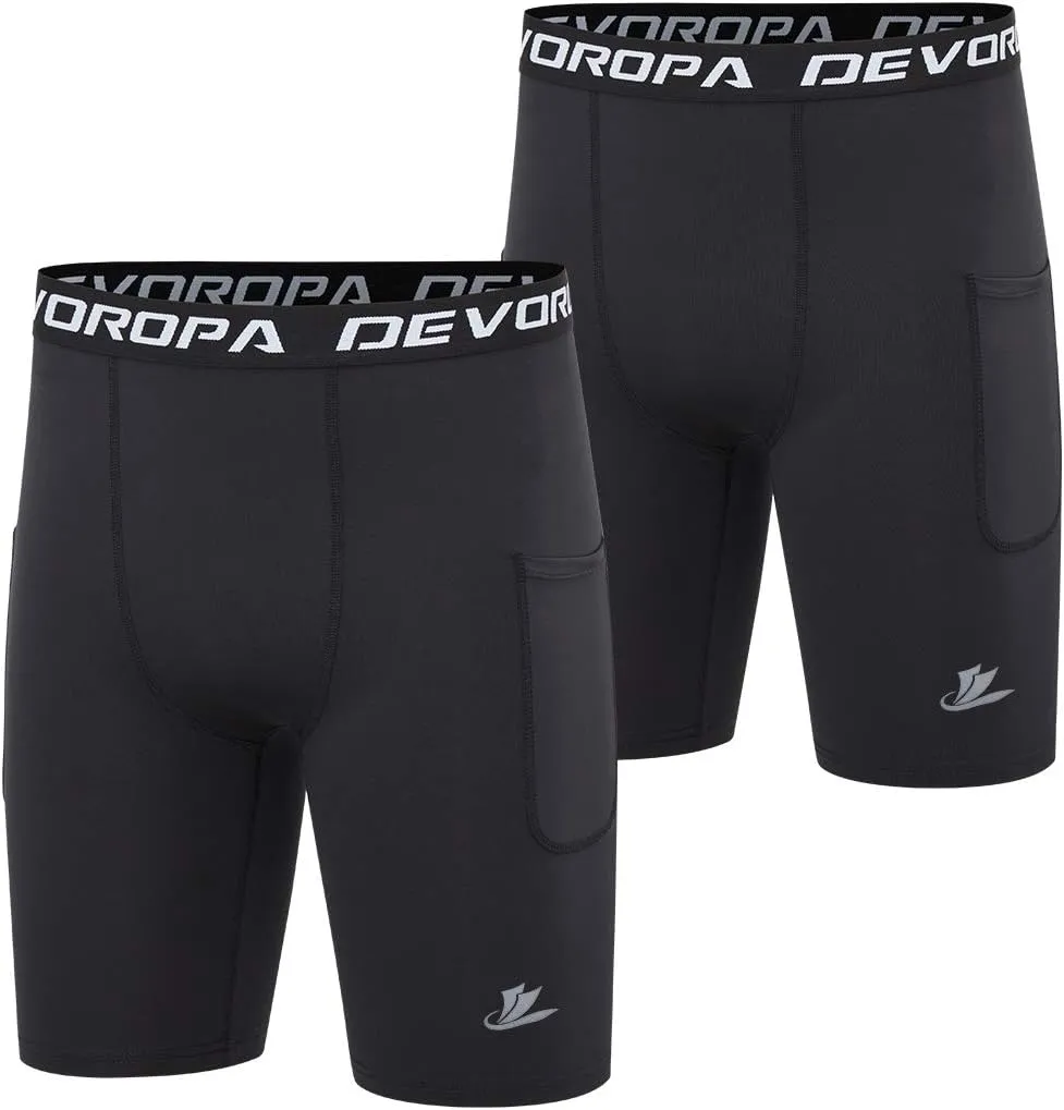 DEVOROPA Youth Boys' Compression Shorts Performance Athletic Base Layers Workout Training Underwear Side Pocket (Pack of 2)