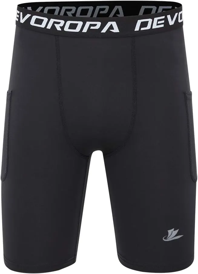 DEVOROPA Youth Boys' Compression Shorts Performance Athletic Base Layers Workout Training Underwear Side Pocket (Pack of 2)
