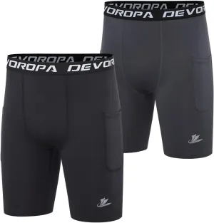 DEVOROPA Youth Boys' Compression Shorts Performance Athletic Base Layers Workout Training Underwear Side Pocket (Pack of 2)