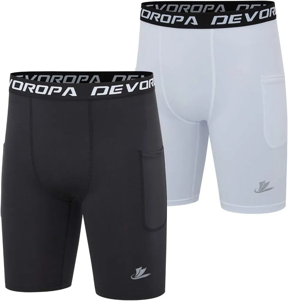 DEVOROPA Youth Boys' Compression Shorts Performance Athletic Base Layers Workout Training Underwear Side Pocket (Pack of 2)