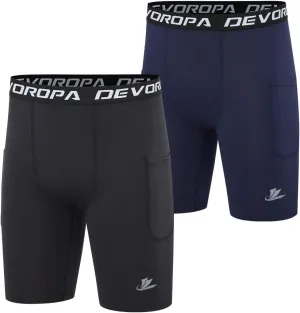 DEVOROPA Youth Boys' Compression Shorts Performance Athletic Base Layers Workout Training Underwear Side Pocket (Pack of 2)