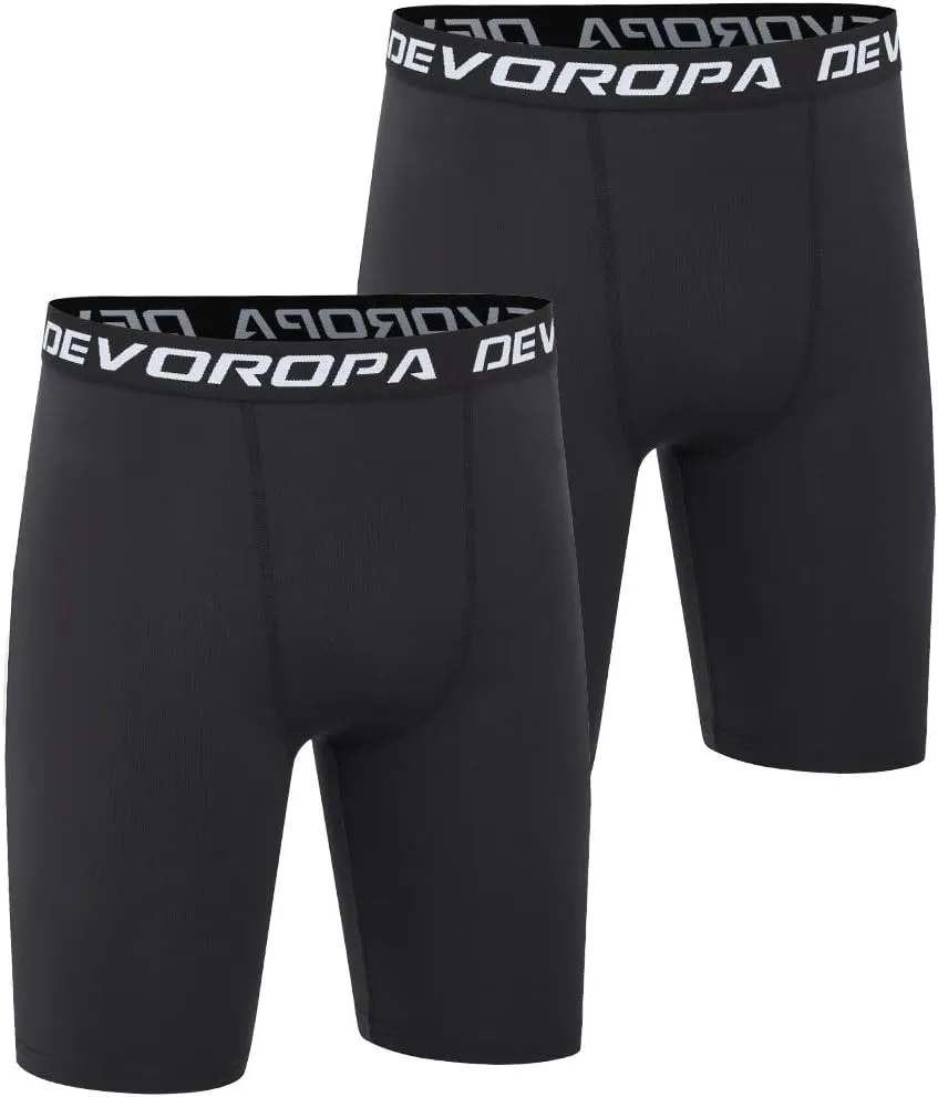DEVOROPA Youth Boys' Compression Shorts Performance Athletic Base Layers Workout Training Underwear Side Pocket (Pack of 2)