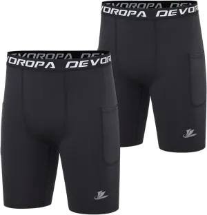 DEVOROPA Youth Boys' Compression Shorts Performance Athletic Base Layers Workout Training Underwear Side Pocket (Pack of 2)
