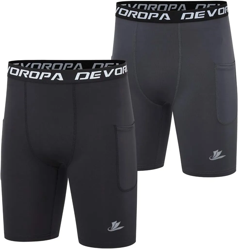 DEVOROPA Youth Boys' Compression Shorts Performance Athletic Base Layers Workout Training Underwear Side Pocket (Pack of 2)