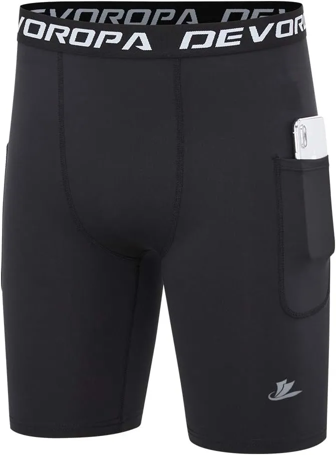 DEVOROPA Youth Boys' Compression Shorts Performance Athletic Base Layers Workout Training Underwear Side Pocket (Pack of 2)