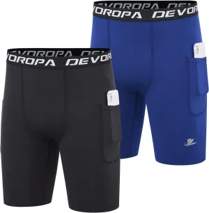 DEVOROPA Youth Boys' Compression Shorts Performance Athletic Base Layers Workout Training Underwear Side Pocket (Pack of 2)