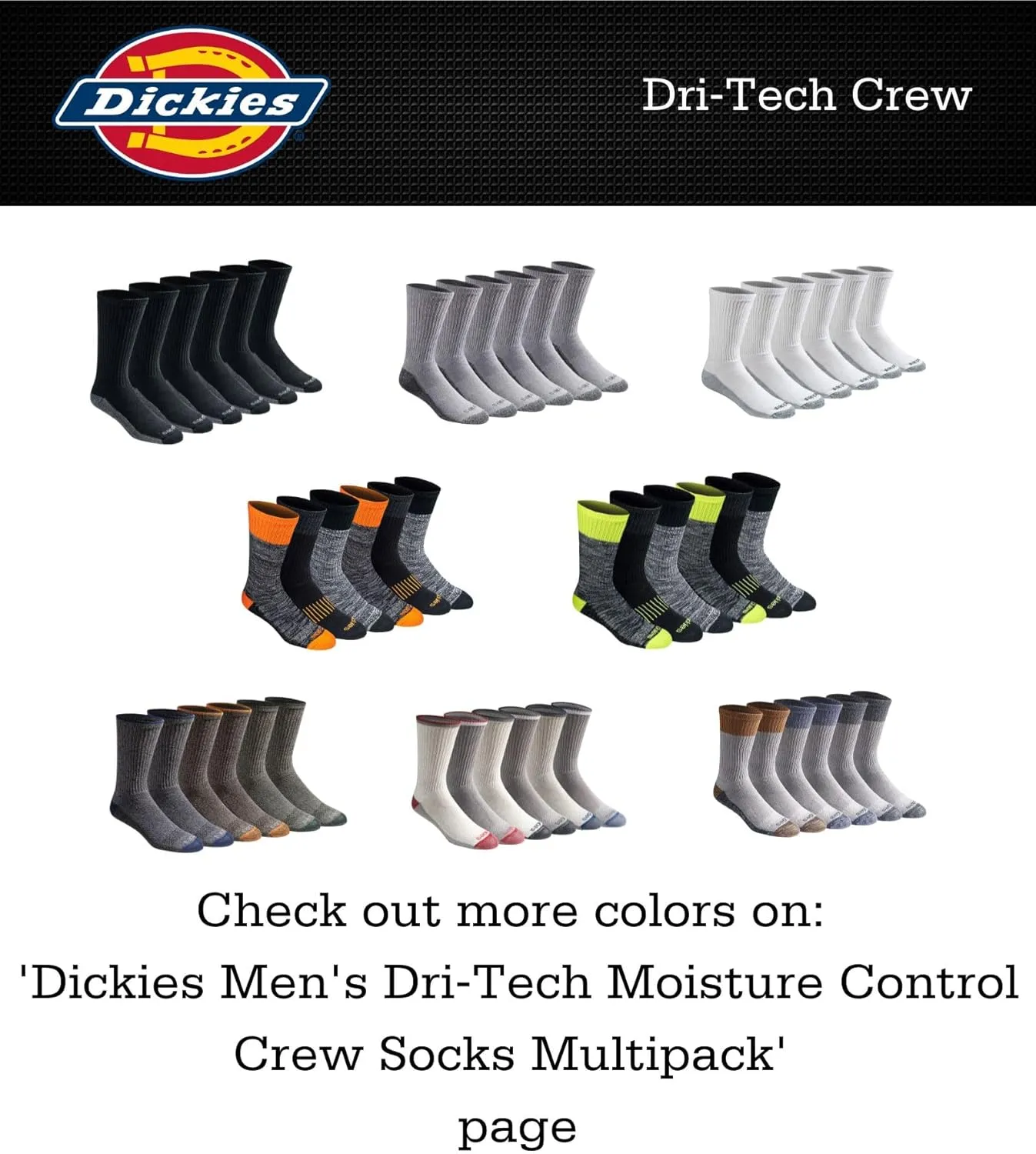 Dickies Men's Dri-Tech Essential Moisture Control Crew Socks, Available in M-XXL (6, 12 Pairs)