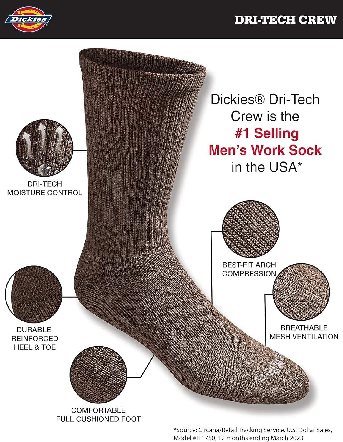 Dickies Men's Dri-Tech Essential Moisture Control Crew Socks, Available in M-XXL (6, 12 Pairs)