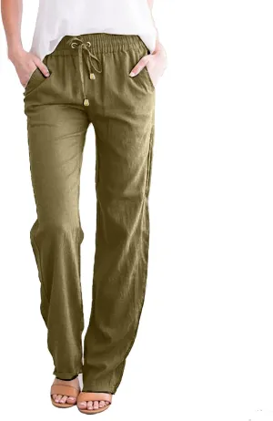 Flowy Pants for Women Elastic Waist Wide Leg Trousers Lightweight Linen Blend Casual Summer Beachwear