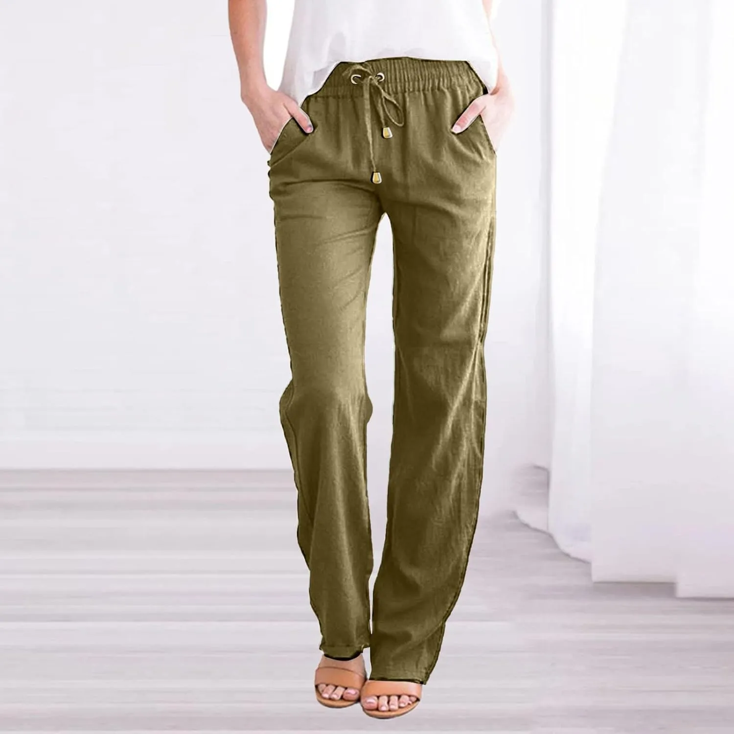 Flowy Pants for Women Elastic Waist Wide Leg Trousers Lightweight Linen Blend Casual Summer Beachwear