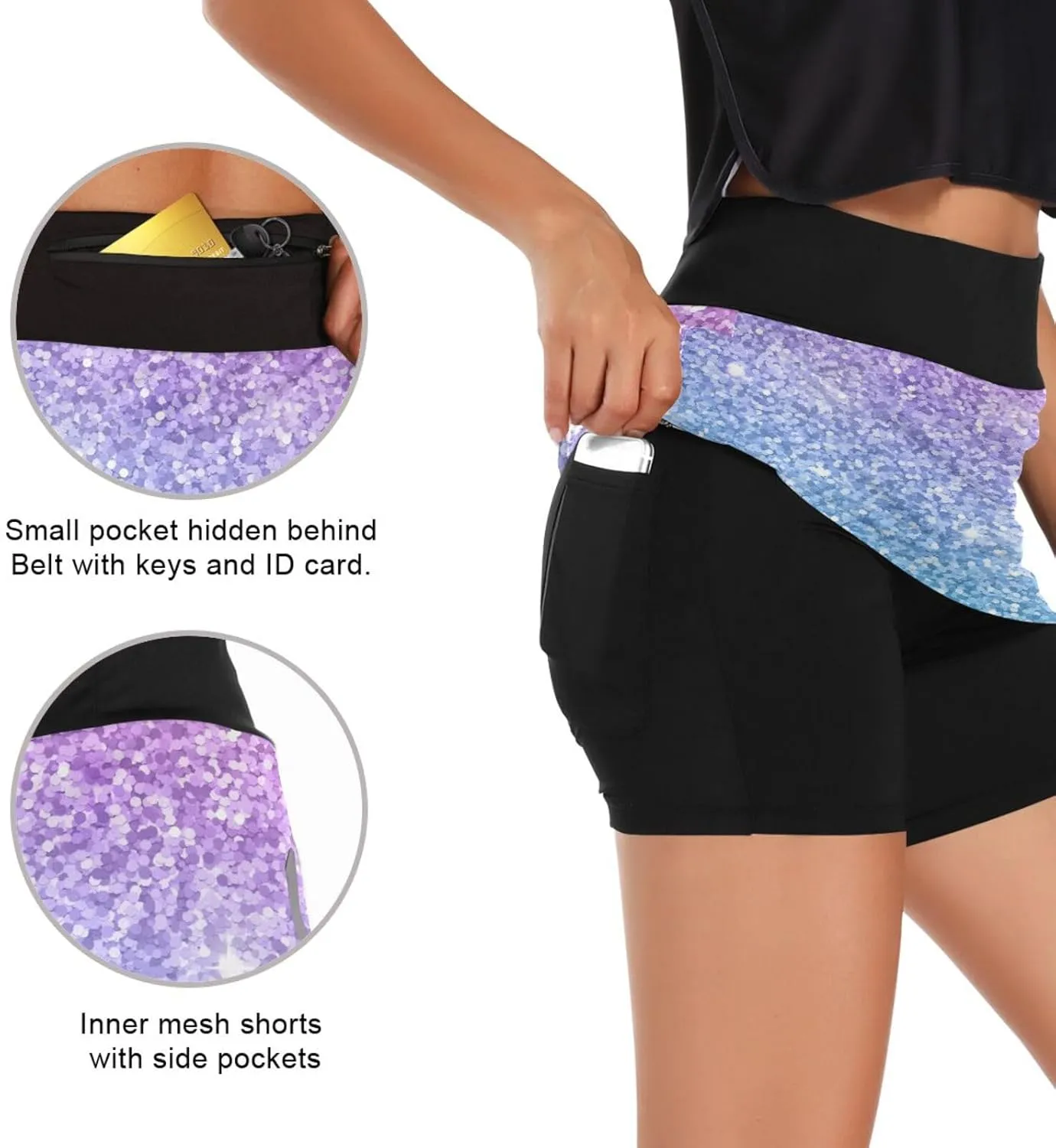 GAIGEO Pink Purple Glitter Womens Exercise Skirt, Tennis Skirts with Shorts, Casual Active Wear for Women, S-XXL