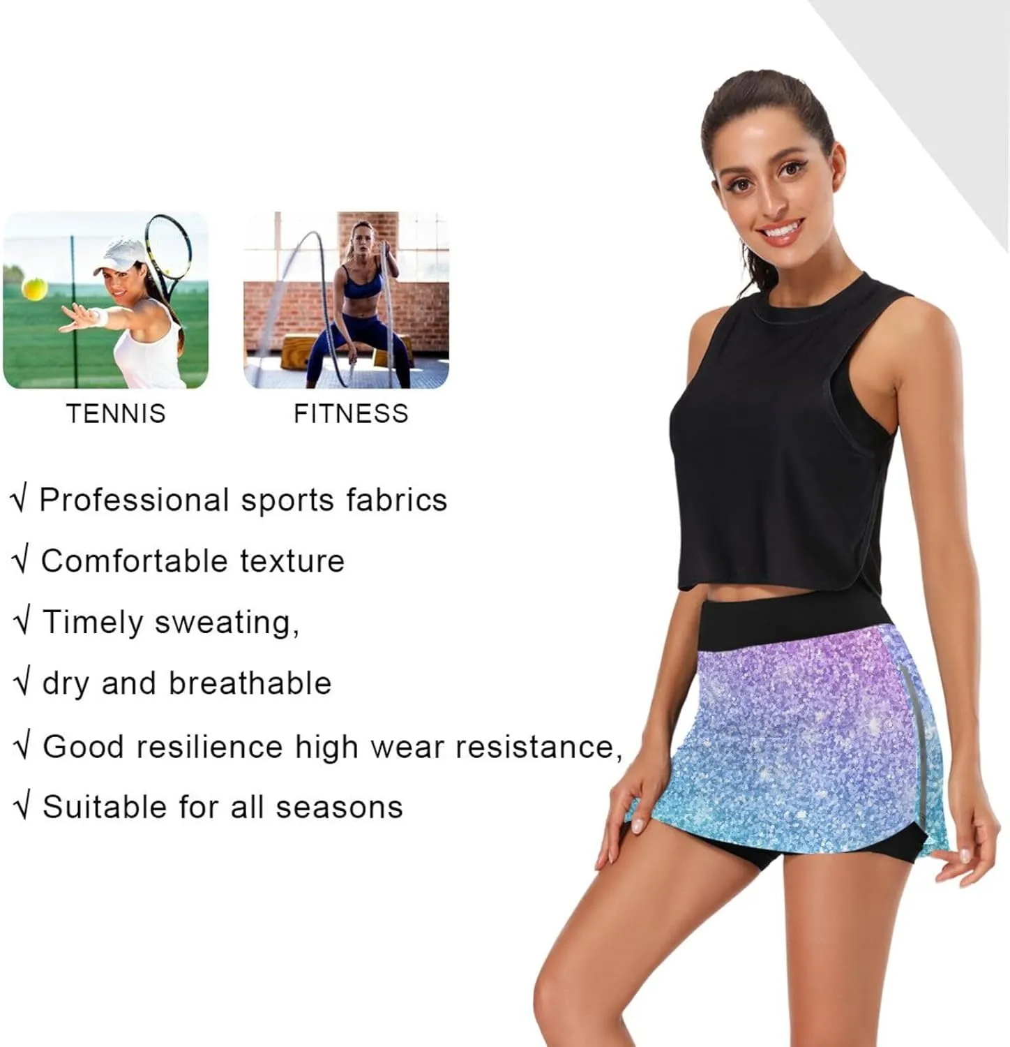 GAIGEO Pink Purple Glitter Womens Exercise Skirt, Tennis Skirts with Shorts, Casual Active Wear for Women, S-XXL