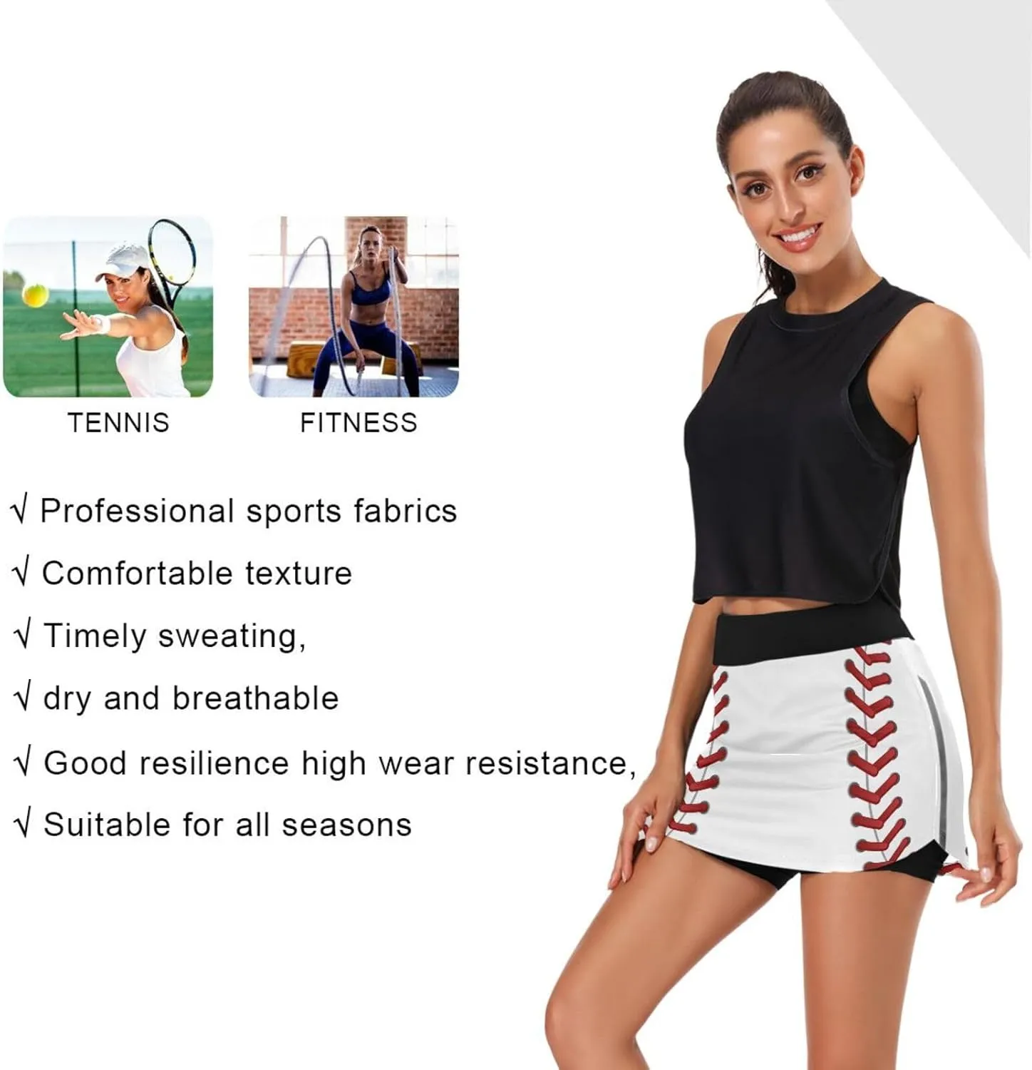GAIGEO Sport Baseball Print Workout Skirt, Casual Skort Skirt with Pockets, Skorts for Women Casual Sports, S-XXL
