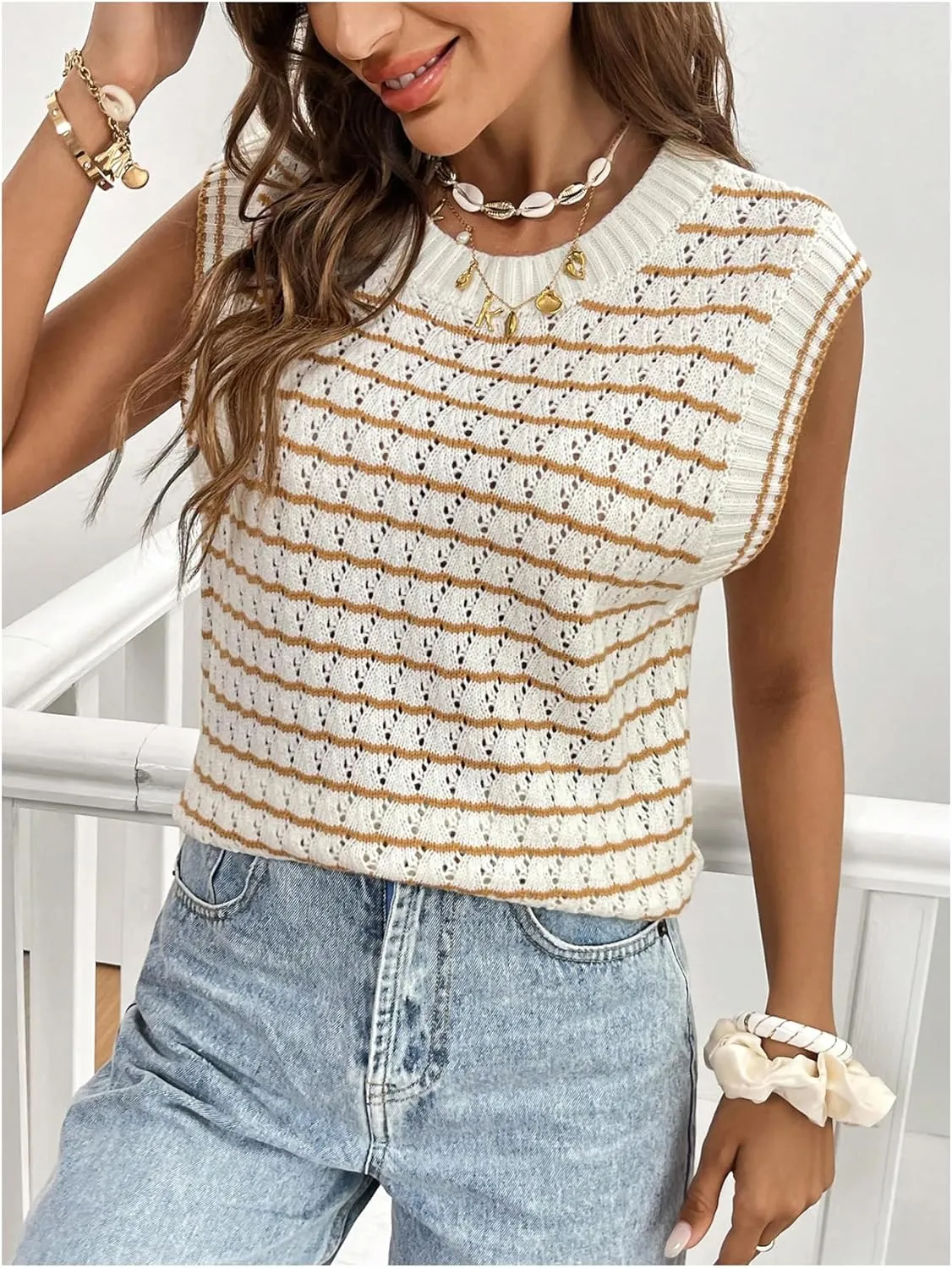 GORGLITTER Women's Cropped Backless Crochet Vest Open Back Tie Sweater Tank Tops