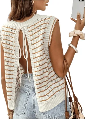 GORGLITTER Women's Cropped Backless Crochet Vest Open Back Tie Sweater Tank Tops