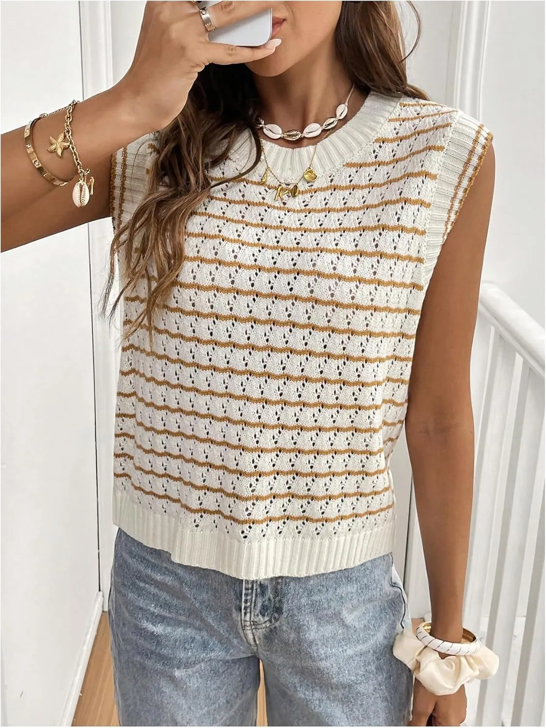GORGLITTER Women's Cropped Backless Crochet Vest Open Back Tie Sweater Tank Tops