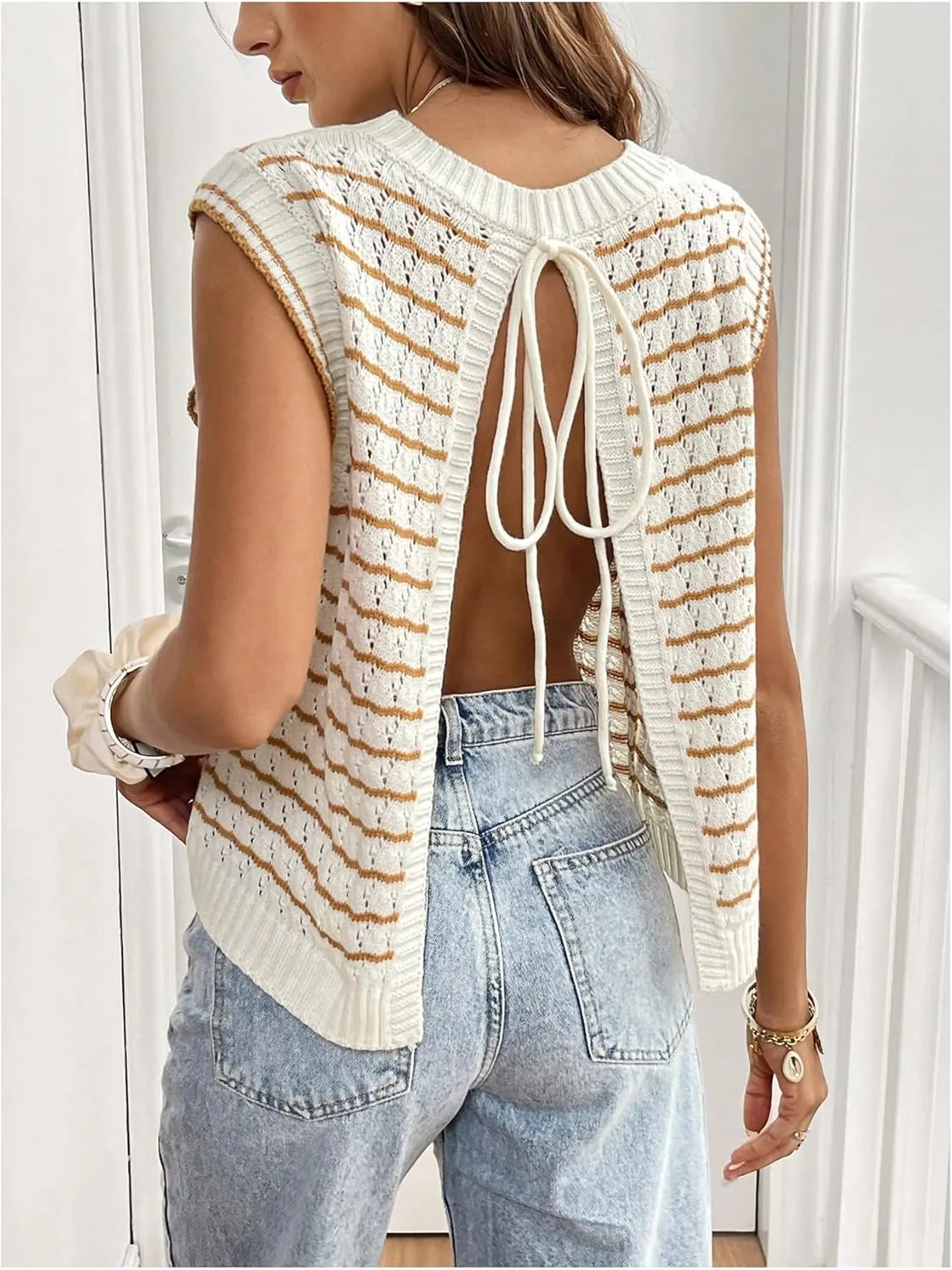 GORGLITTER Women's Cropped Backless Crochet Vest Open Back Tie Sweater Tank Tops