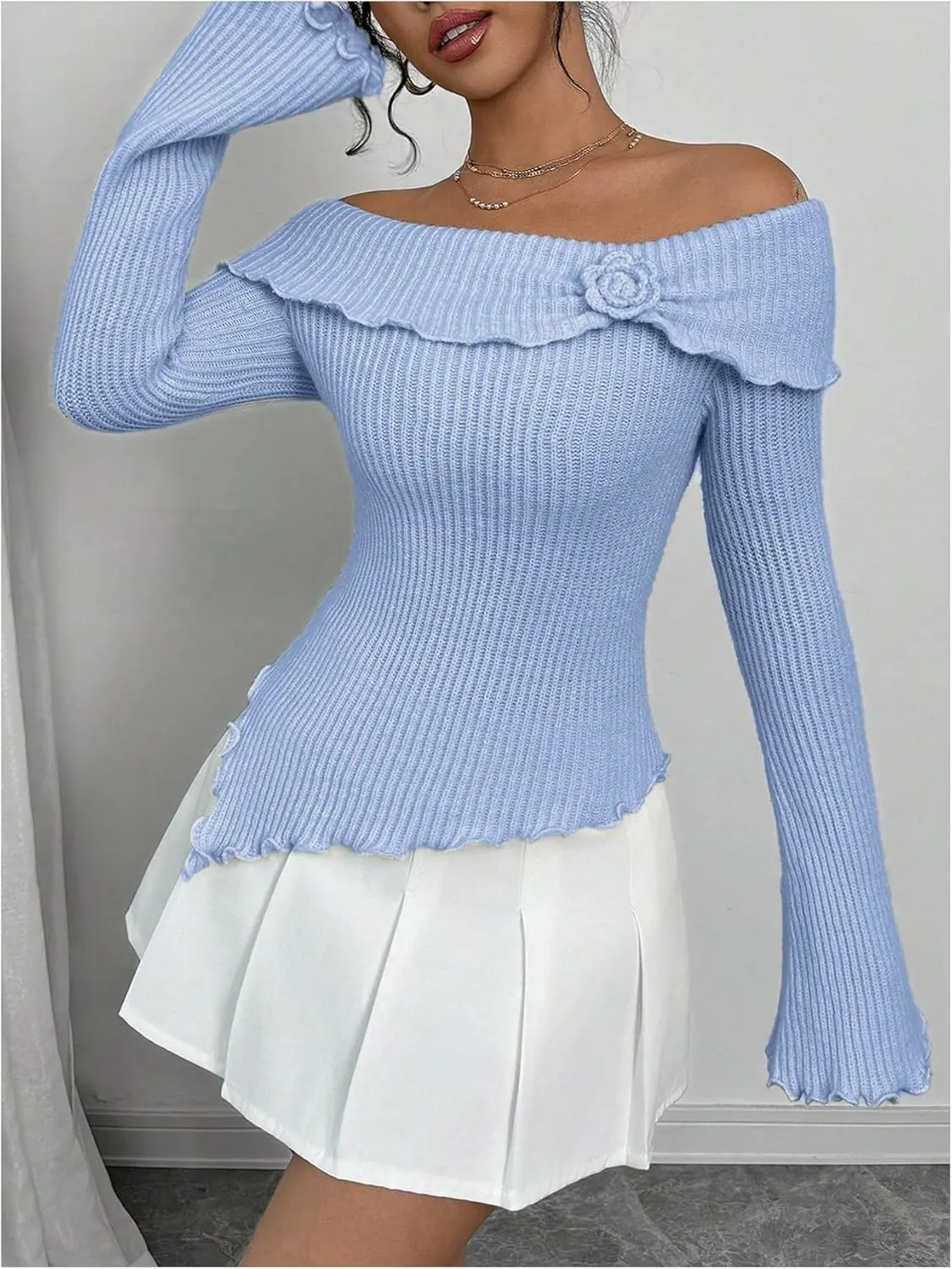 GORGLITTER Women's Floral Off The Shoulder Sweater Coquette Flare Sleeve Asymmetrical Knit Tops