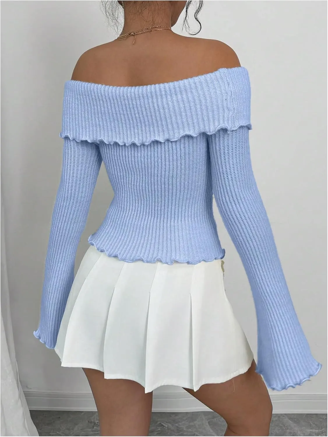 GORGLITTER Women's Floral Off The Shoulder Sweater Coquette Flare Sleeve Asymmetrical Knit Tops