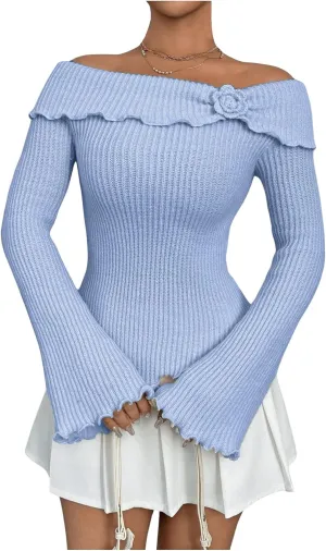 GORGLITTER Women's Floral Off The Shoulder Sweater Coquette Flare Sleeve Asymmetrical Knit Tops