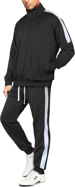Hat and Beyond Mens Premium USA Made Striped Track Suit Athletic Casual Running Workout Sweat Suit Combo Track Jacket & Pant