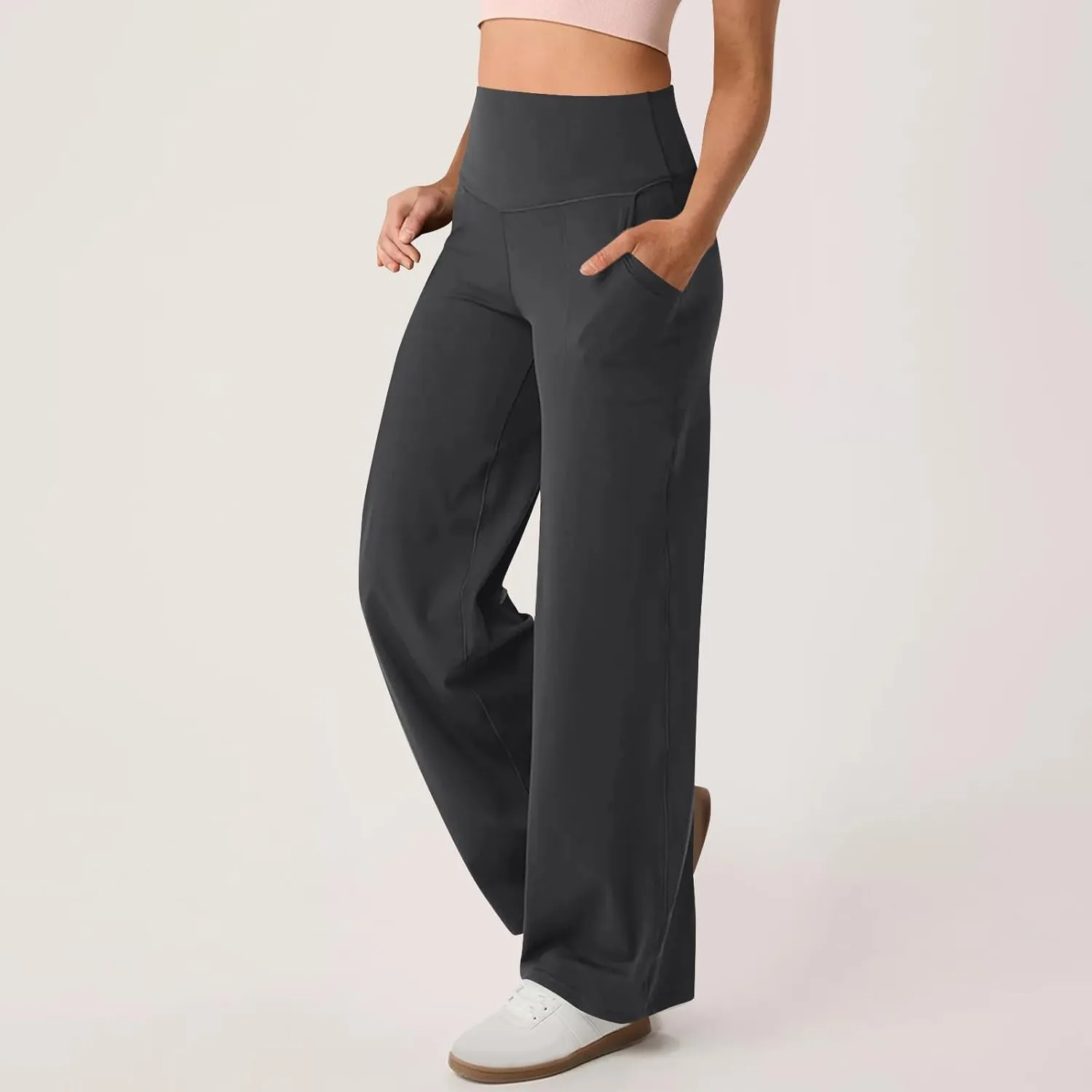 High Waist Tummy Control Pants for Women Loose Wide Leg Trousers with Pocket Comfy Workout Yoga Leggings
