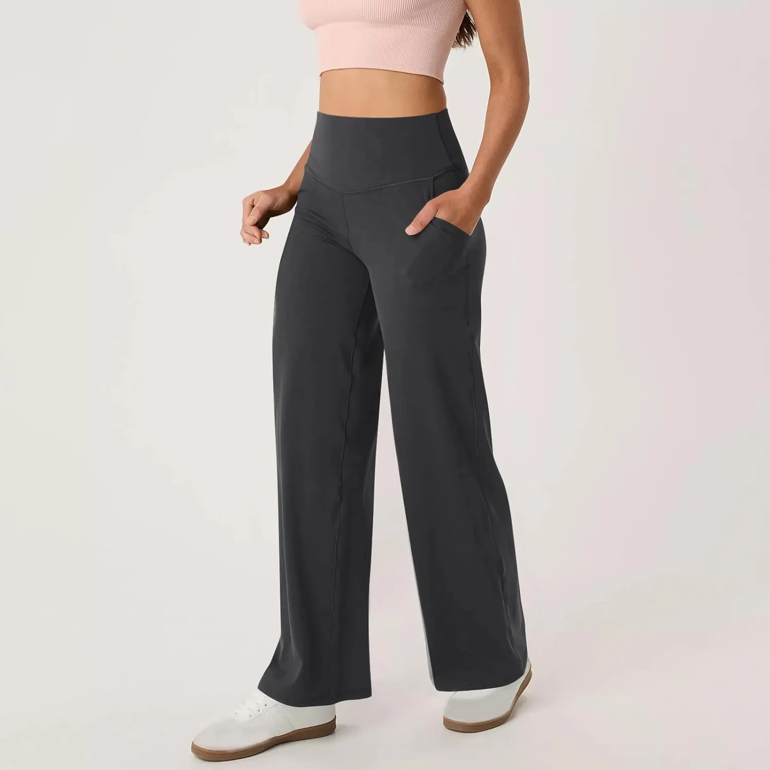 High Waist Tummy Control Pants for Women Loose Wide Leg Trousers with Pocket Comfy Workout Yoga Leggings