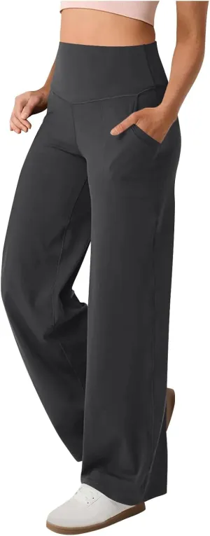 High Waist Tummy Control Pants for Women Loose Wide Leg Trousers with Pocket Comfy Workout Yoga Leggings