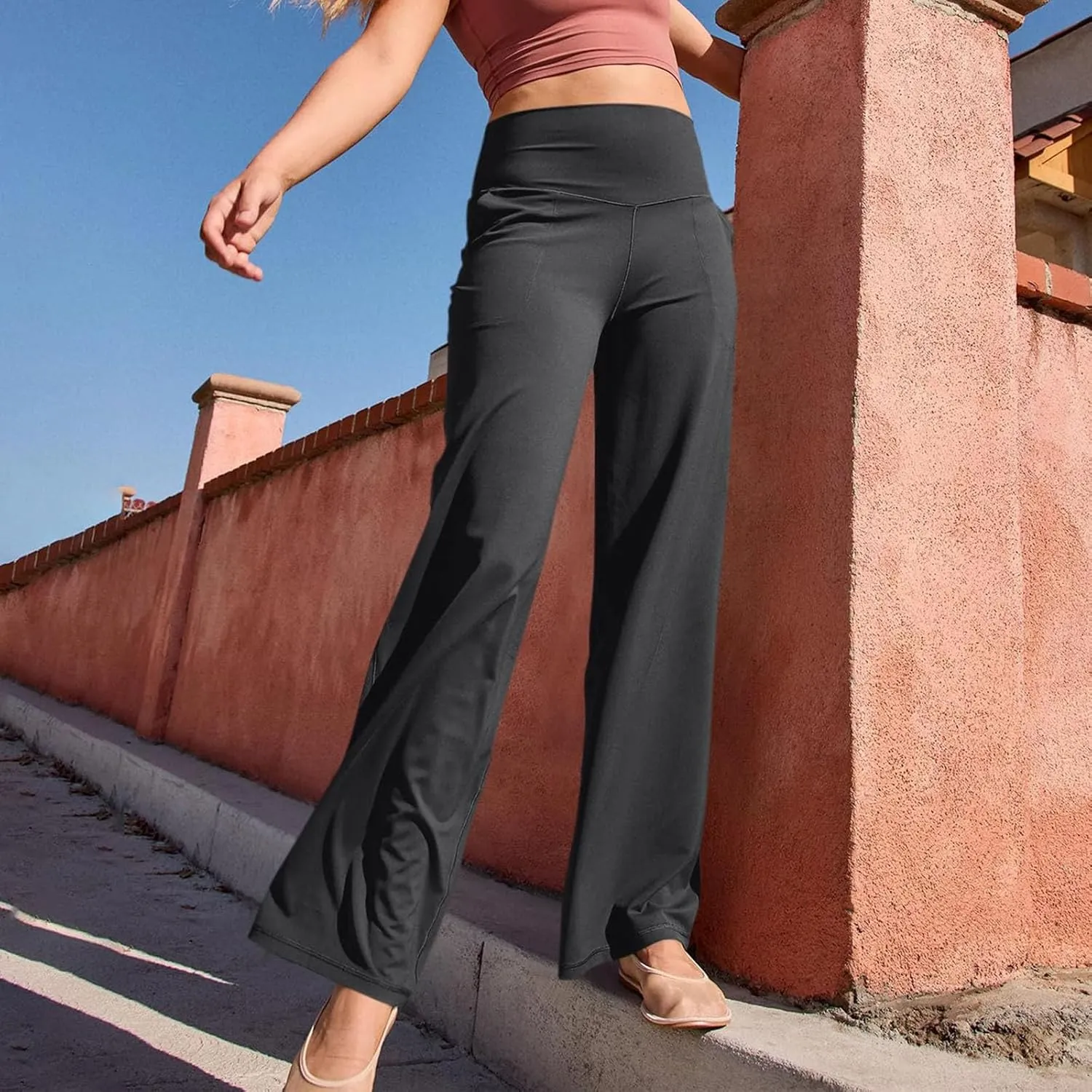 High Waist Tummy Control Pants for Women Loose Wide Leg Trousers with Pocket Comfy Workout Yoga Leggings