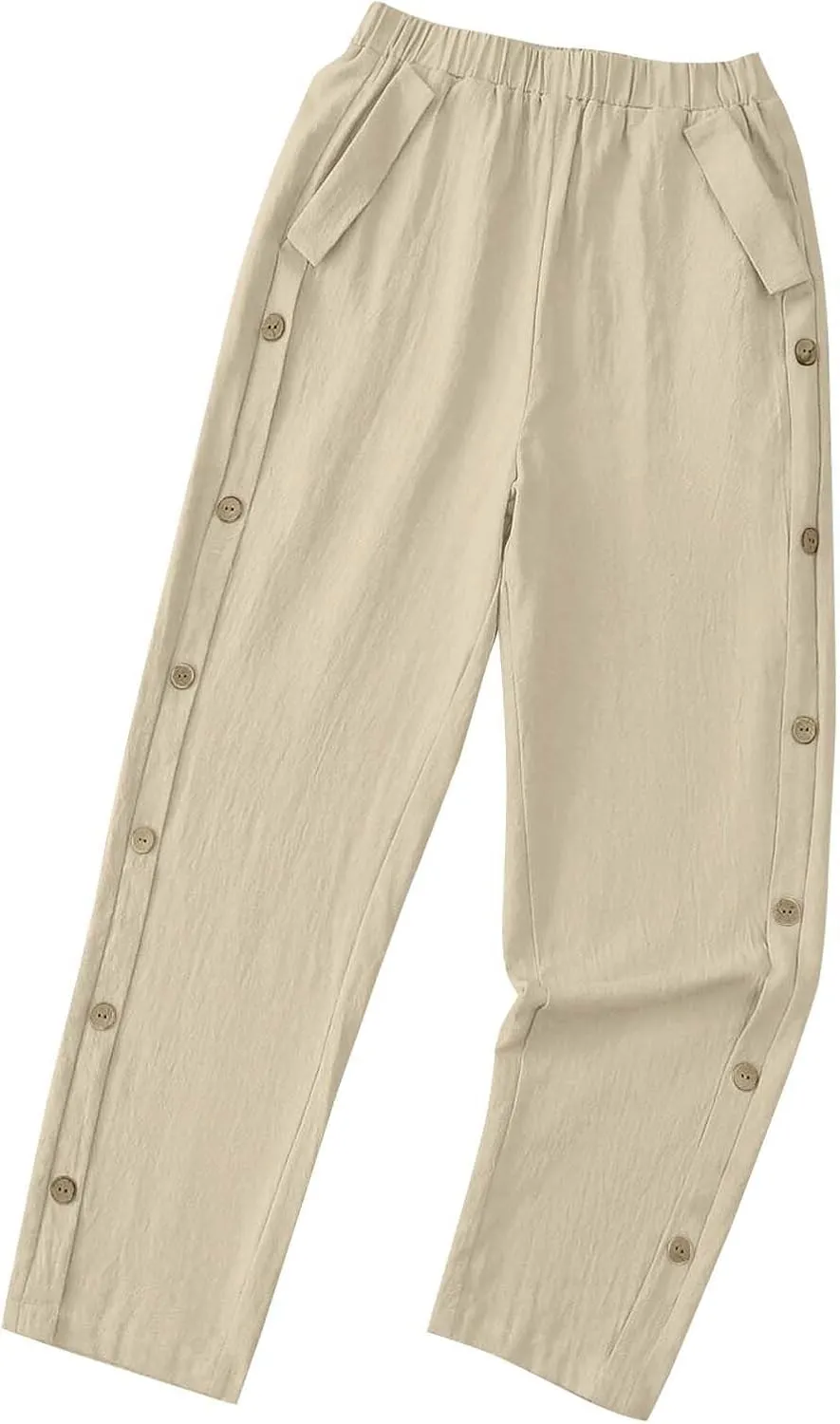 High Waisted Pants for Women Casual Linen Slacks Loose Wide Leg Trousers Side Button Elastic Waist Straight Pants