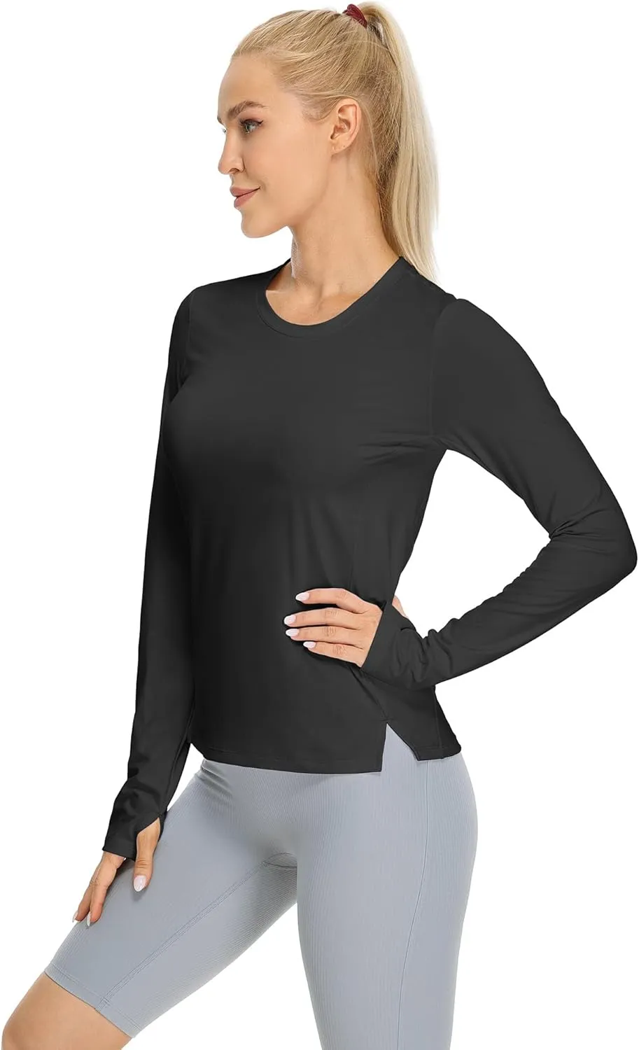 icyzone Women's Long Sleeve Workout Shirts, Athletic Crewneck Yoga Tops, Quick Dry Running T-Shirt with Thumb Holes
