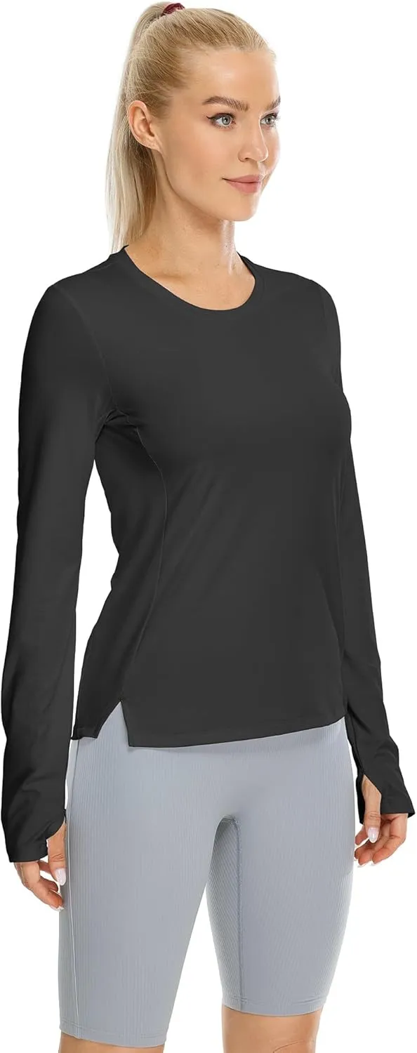 icyzone Women's Long Sleeve Workout Shirts, Athletic Crewneck Yoga Tops, Quick Dry Running T-Shirt with Thumb Holes