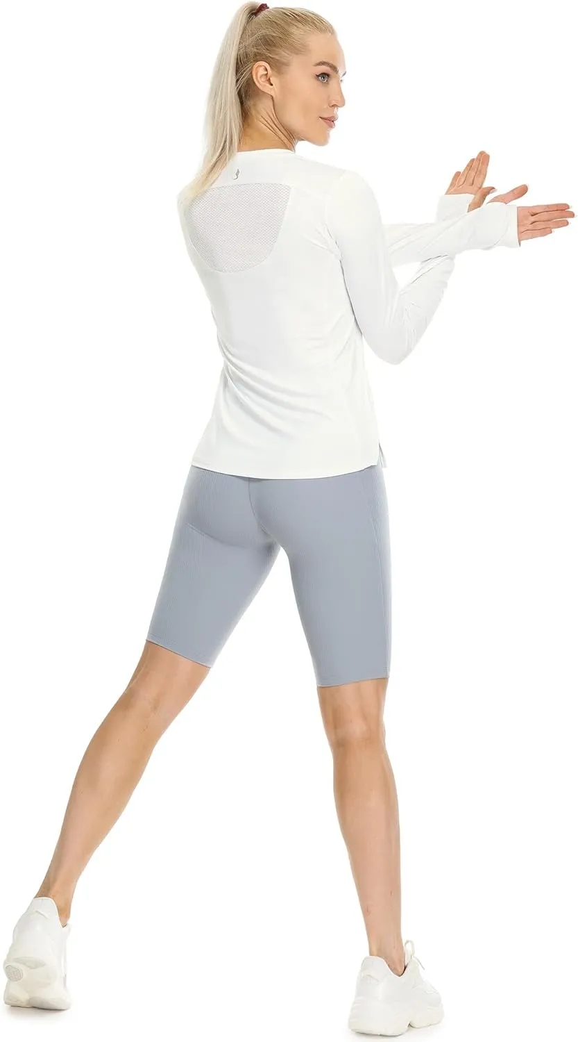 icyzone Women's Long Sleeve Workout Shirts, Athletic Crewneck Yoga Tops, Quick Dry Running T-Shirt with Thumb Holes