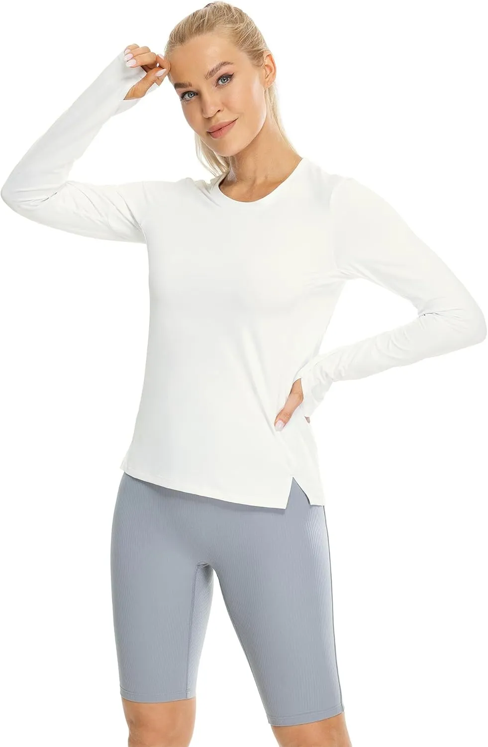 icyzone Women's Long Sleeve Workout Shirts, Athletic Crewneck Yoga Tops, Quick Dry Running T-Shirt with Thumb Holes