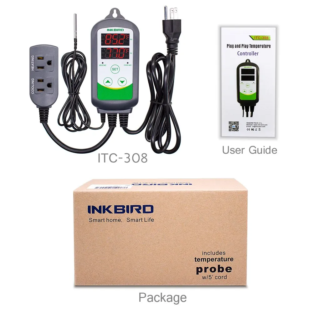 ITC-308 Digital Temperature Controller 2-Stage Outlet Thermostat Heating and Cooling Mode Carboy Homebrew Fermenter 110V 10A 1100W