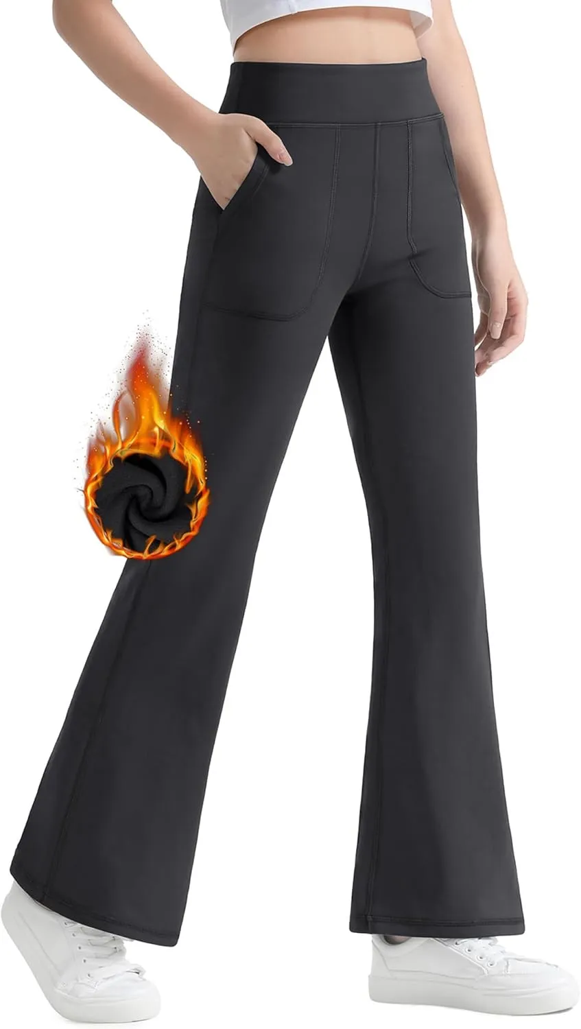 JOCMIC Girls Fleece Lined Flare Leggings High Waist Bell Bottoms Yoga Athletic Pants with Pockets for Kids