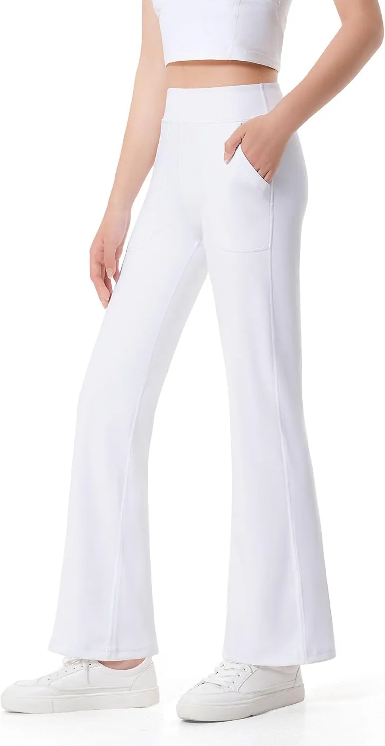 JOCMIC Girls Fleece Lined Flare Leggings High Waist Bell Bottoms Yoga Athletic Pants with Pockets for Kids