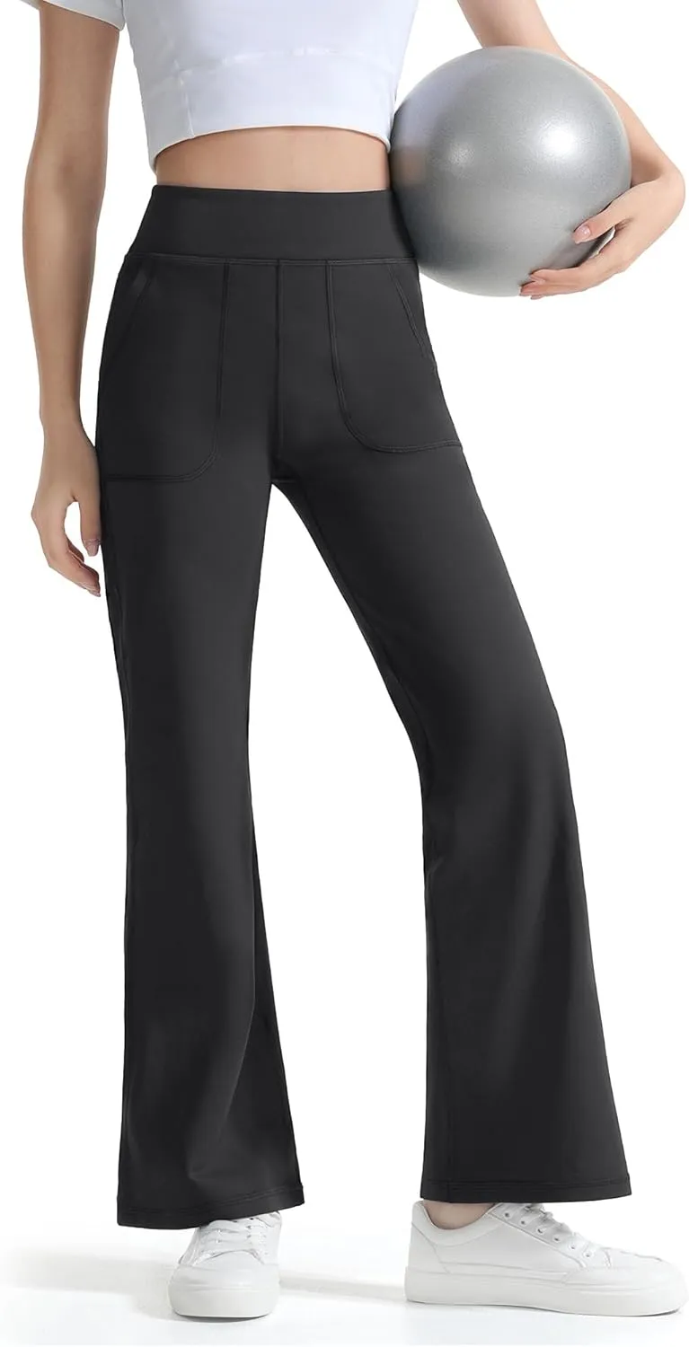 JOCMIC Girls Fleece Lined Flare Leggings High Waist Bell Bottoms Yoga Athletic Pants with Pockets for Kids