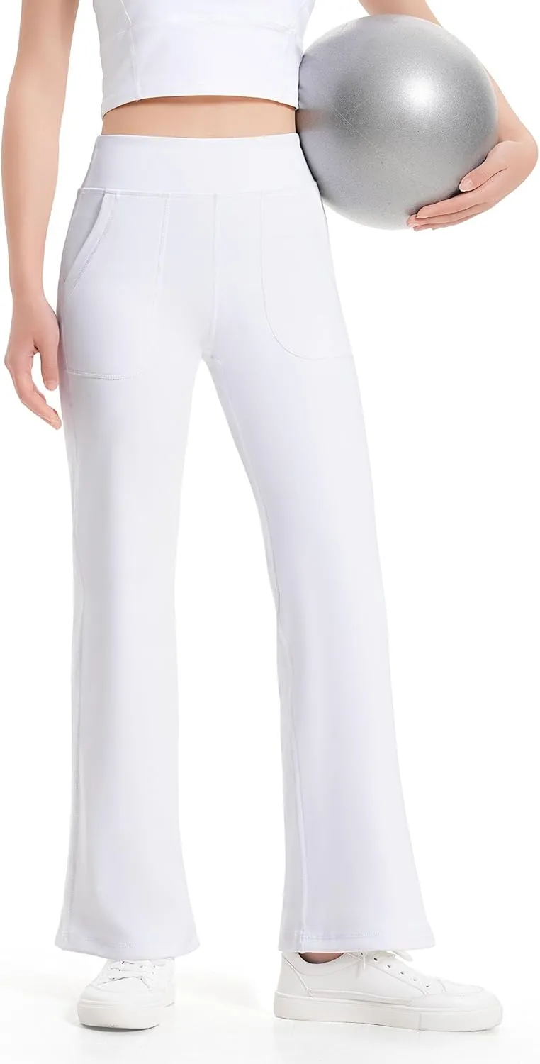 JOCMIC Girls Fleece Lined Flare Leggings High Waist Bell Bottoms Yoga Athletic Pants with Pockets for Kids