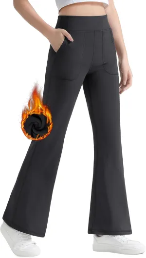 JOCMIC Girls Fleece Lined Flare Leggings High Waist Bell Bottoms Yoga Athletic Pants with Pockets for Kids